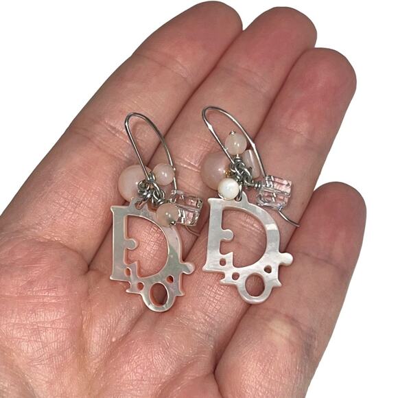 AUTH Christian Dior Rose Quartz Beaded Mother of Pearl Logo Hook Dangle Earrings - Picture 9 of 9